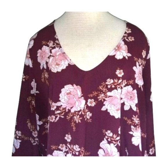 Forever 21+ Womens Burgundy Floral V-Neck Long Sleeve Blouse Plus Size 2X - Picture 3 of 7